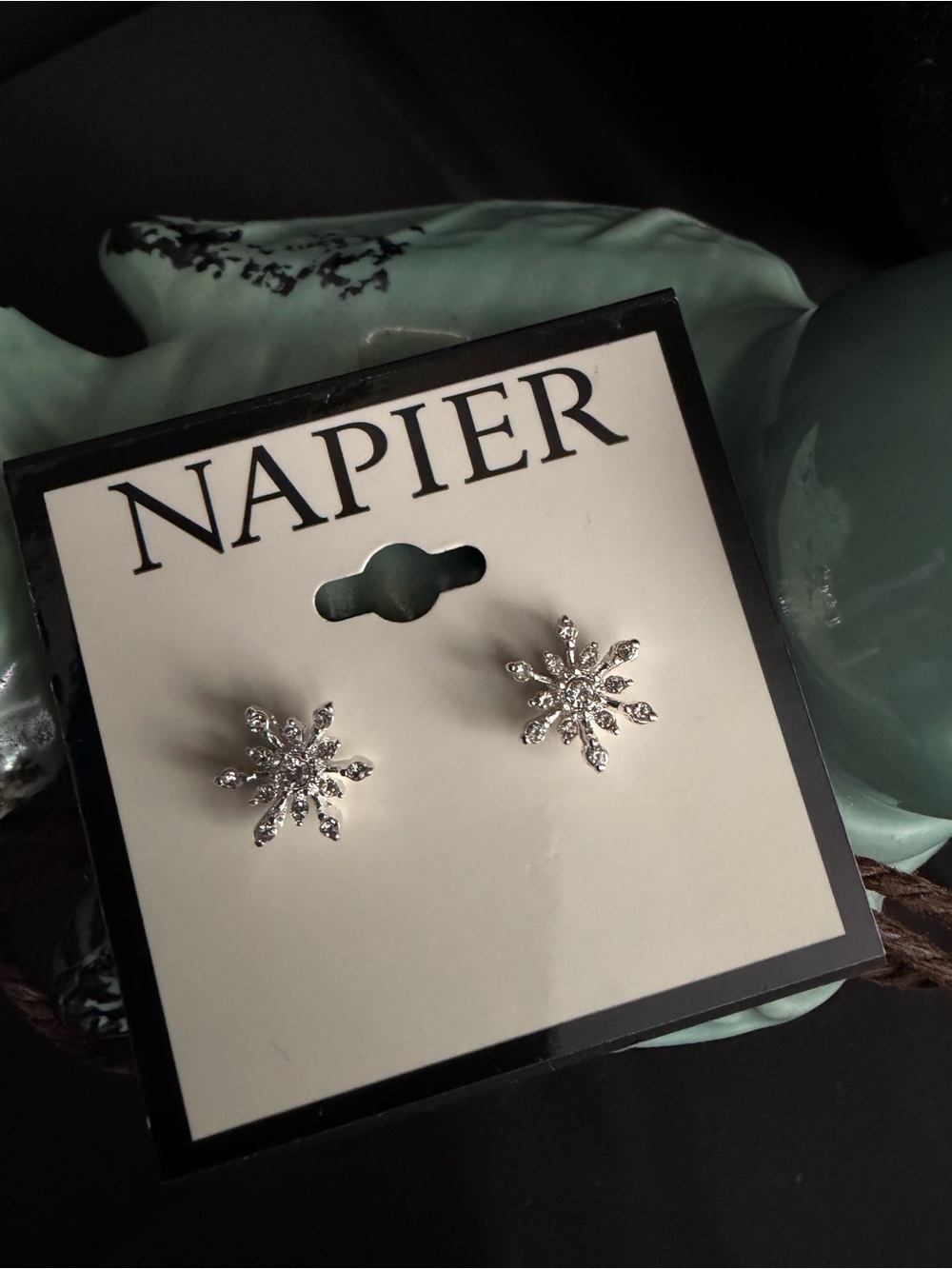 Napier Silver Crystal Snowflake Stud Earrings - Silver. NWT